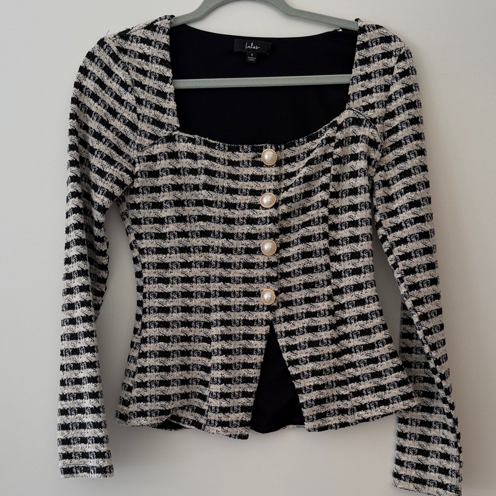 Chic Black and White Striped Top with Pearl Buttons